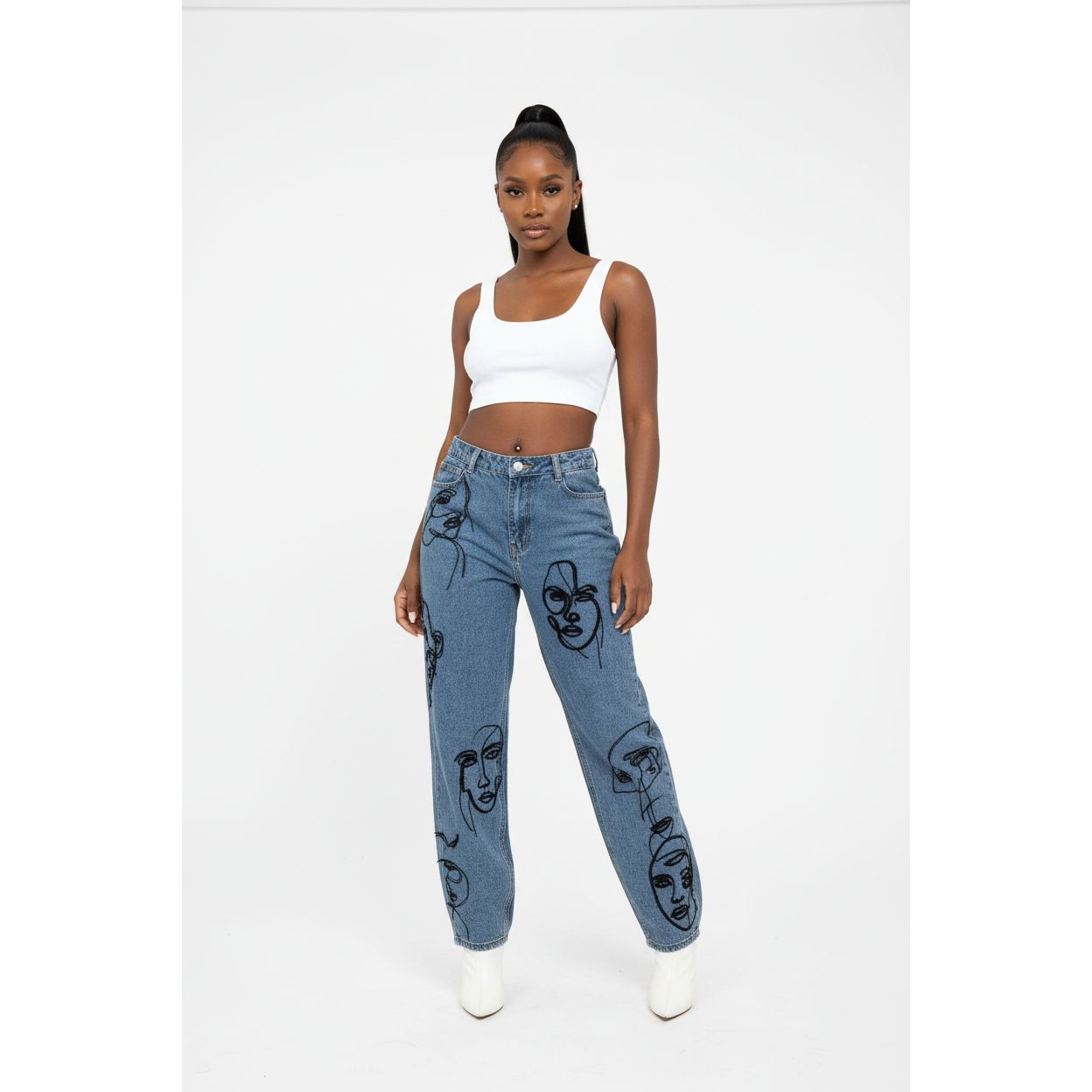 Embroidery High Waist Graphic Denim Mom Jeans