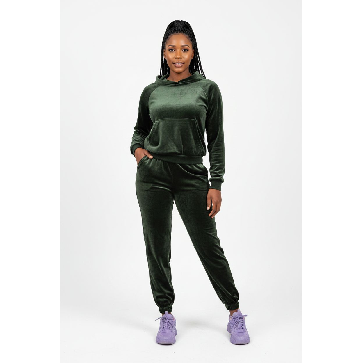 Hooded Pockets Casual Velvet Two Piece Set