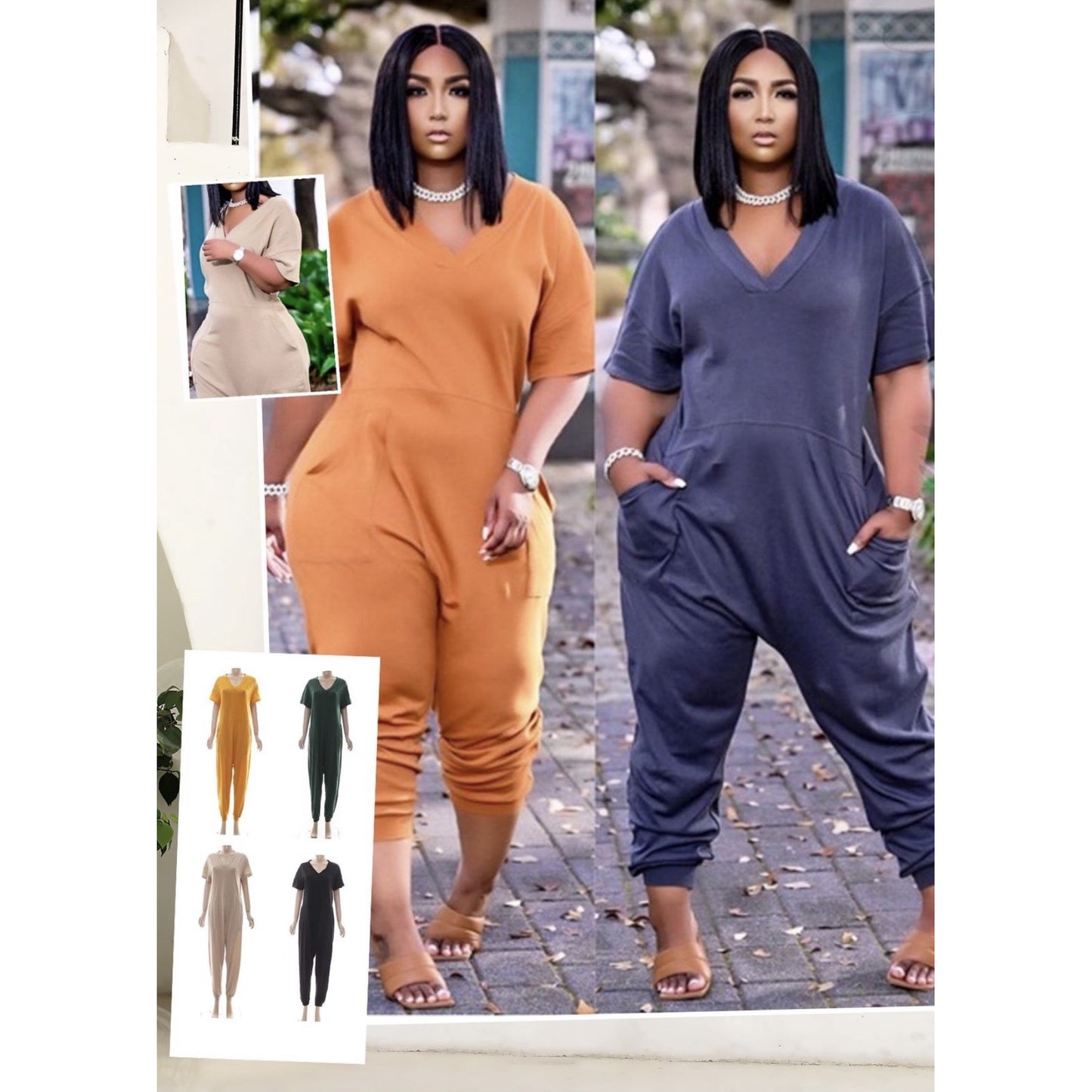 Solid V-neck Chocomist Jumpusits