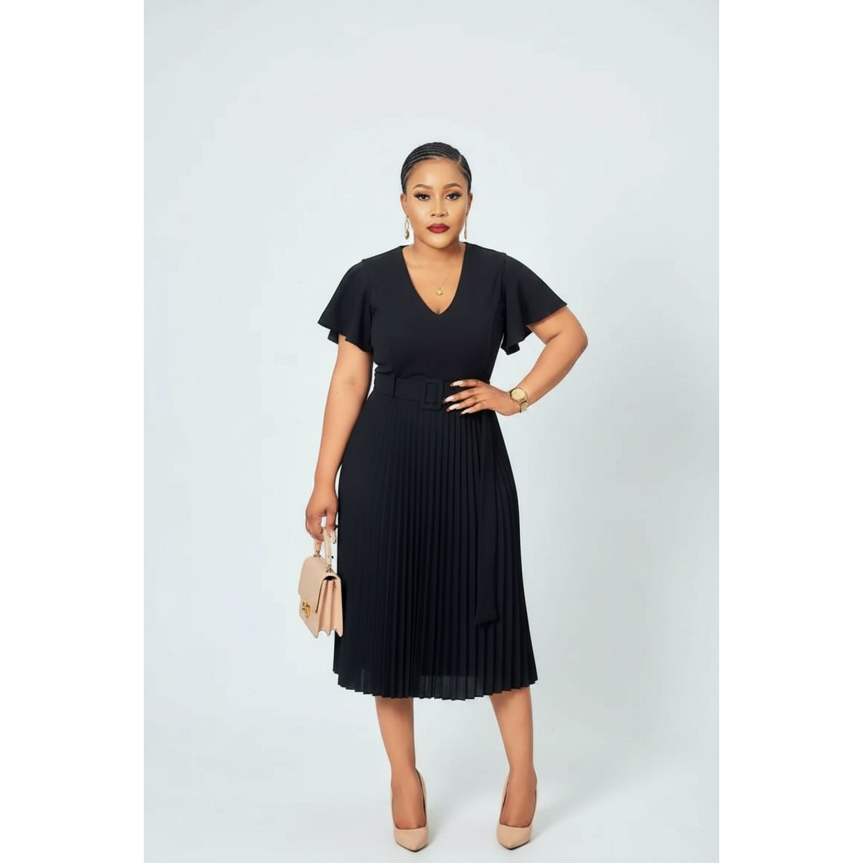 V Neck Flares Sleeve Belted Pleated Dress