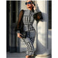Houndstooth Print Mesh Sleeve Dress