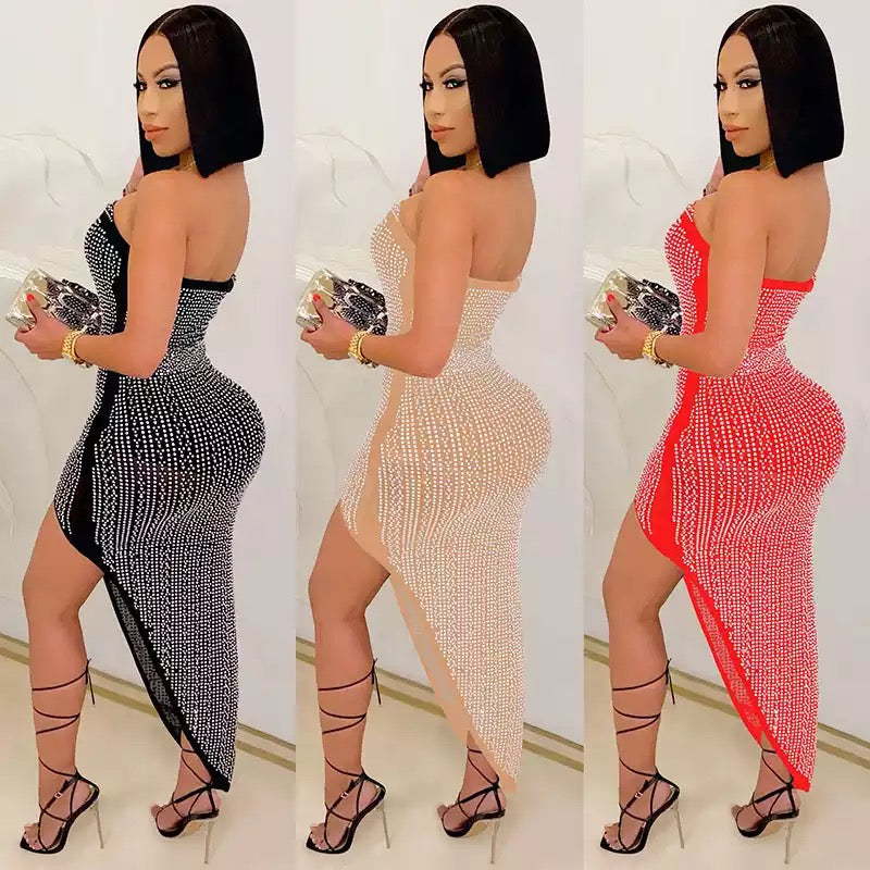 Rhinestone Diamond Asymmetrical Sexy Dress