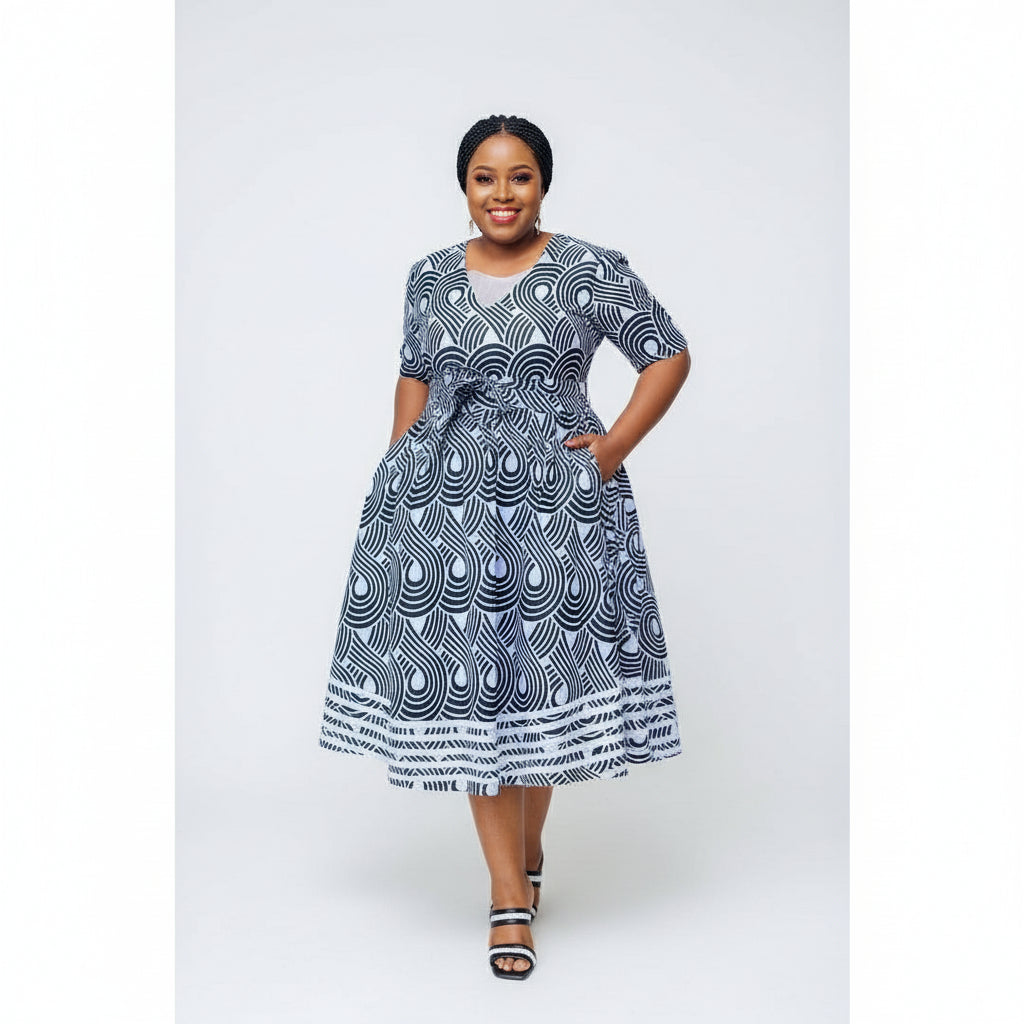 V-Neck Short Sleeve Ankara Dress