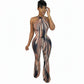 Halter Neck Zipper Graphic Printed Jumpsuits