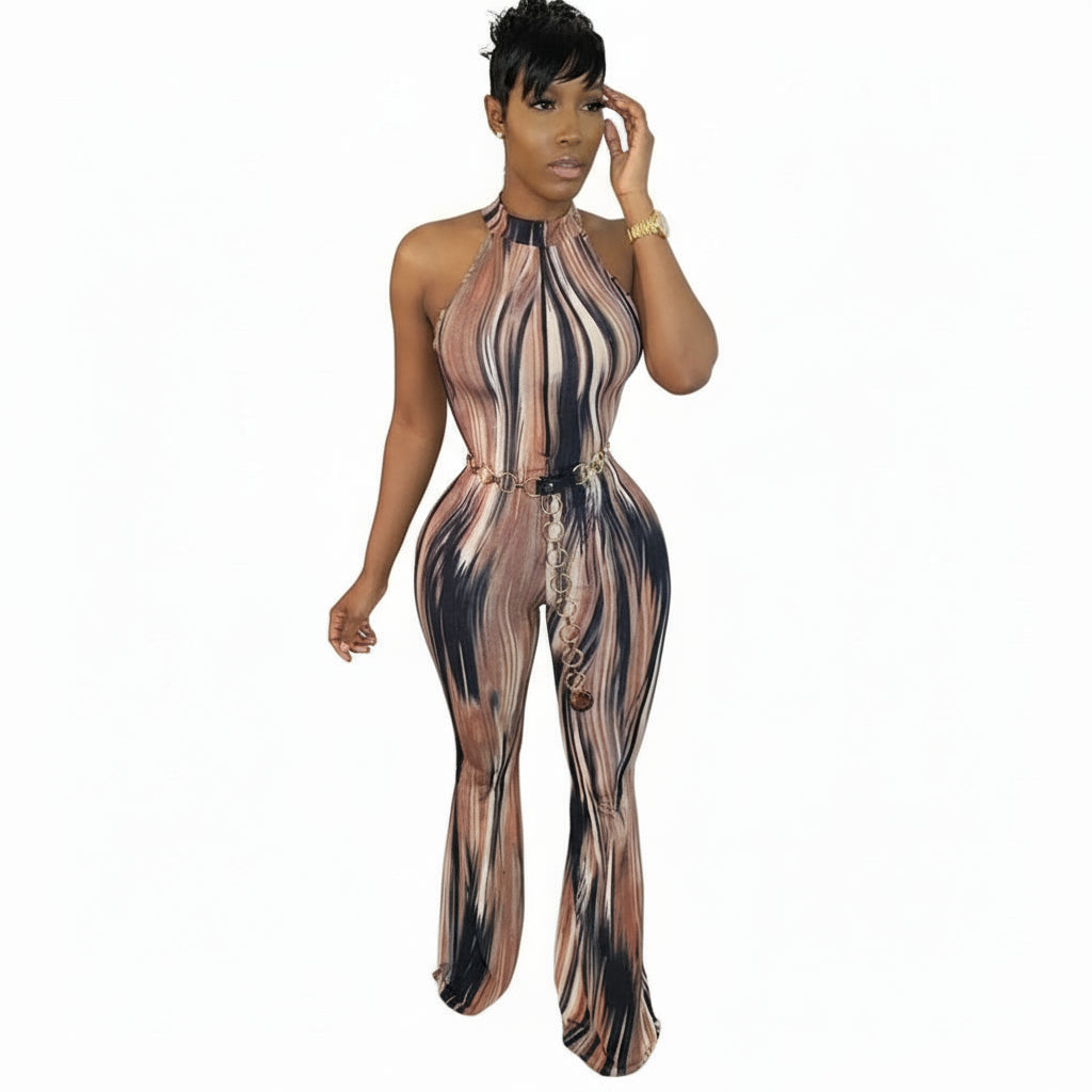 Halter Neck Zipper Graphic Printed Jumpsuits