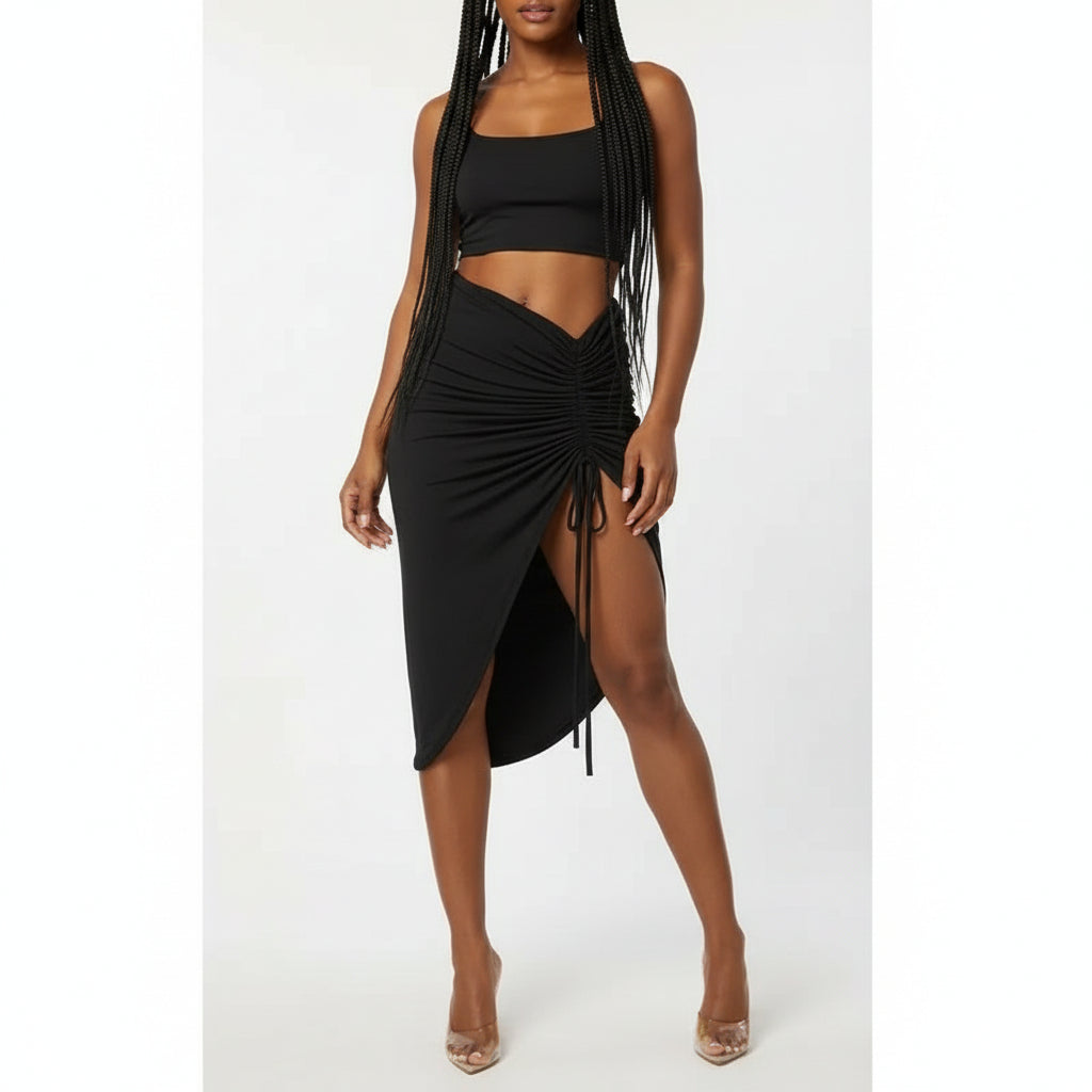 High Waist Ruched Drawstring Skirt