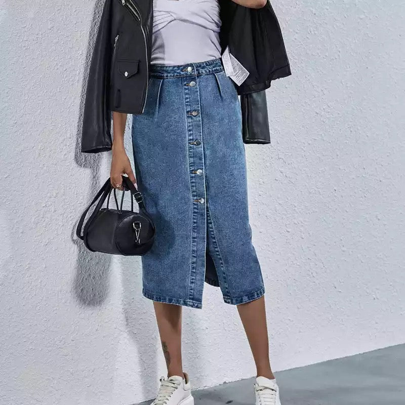 Single Breasted Knee Length Denim Skirt