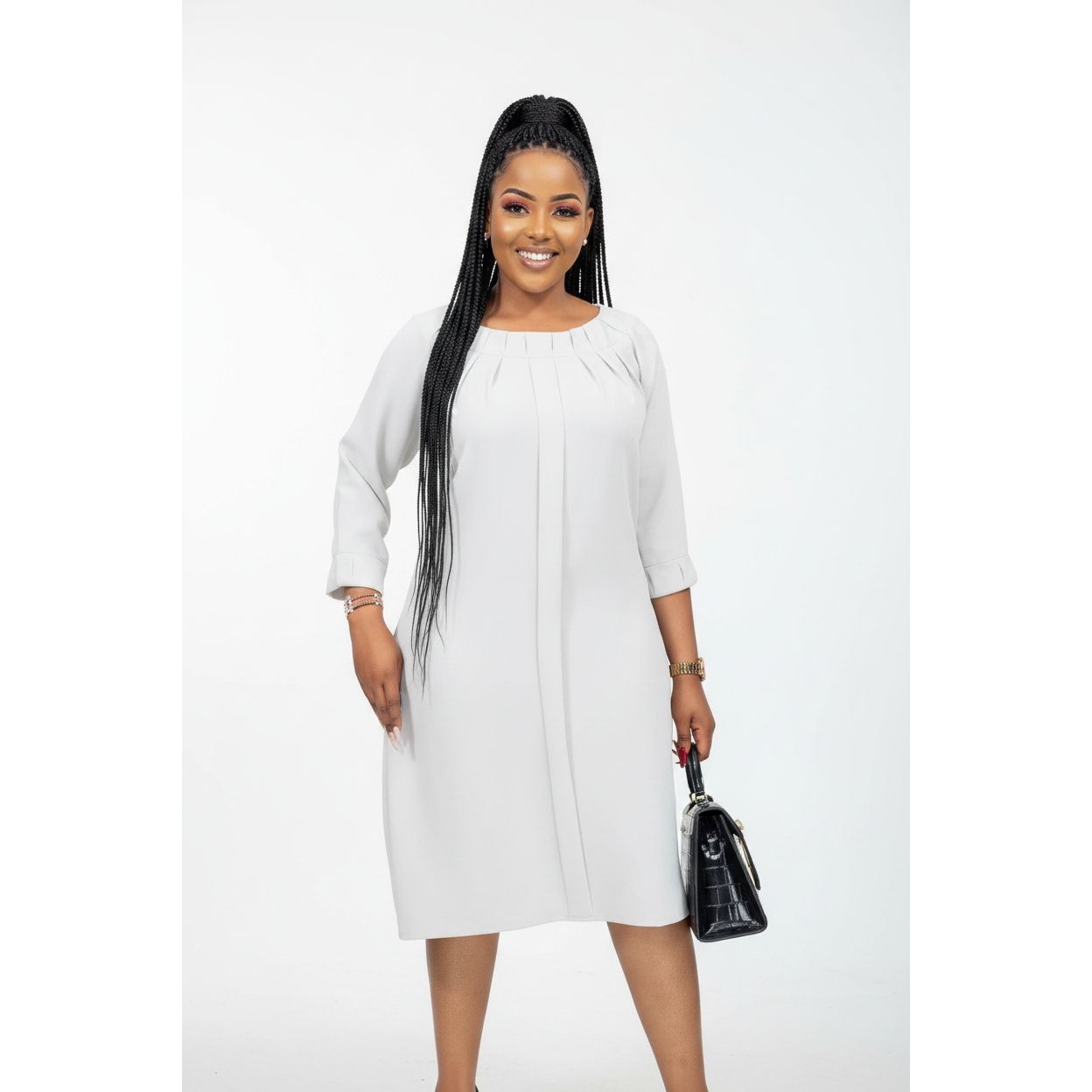 Open Round Neck Long Sleeve Midi Dress