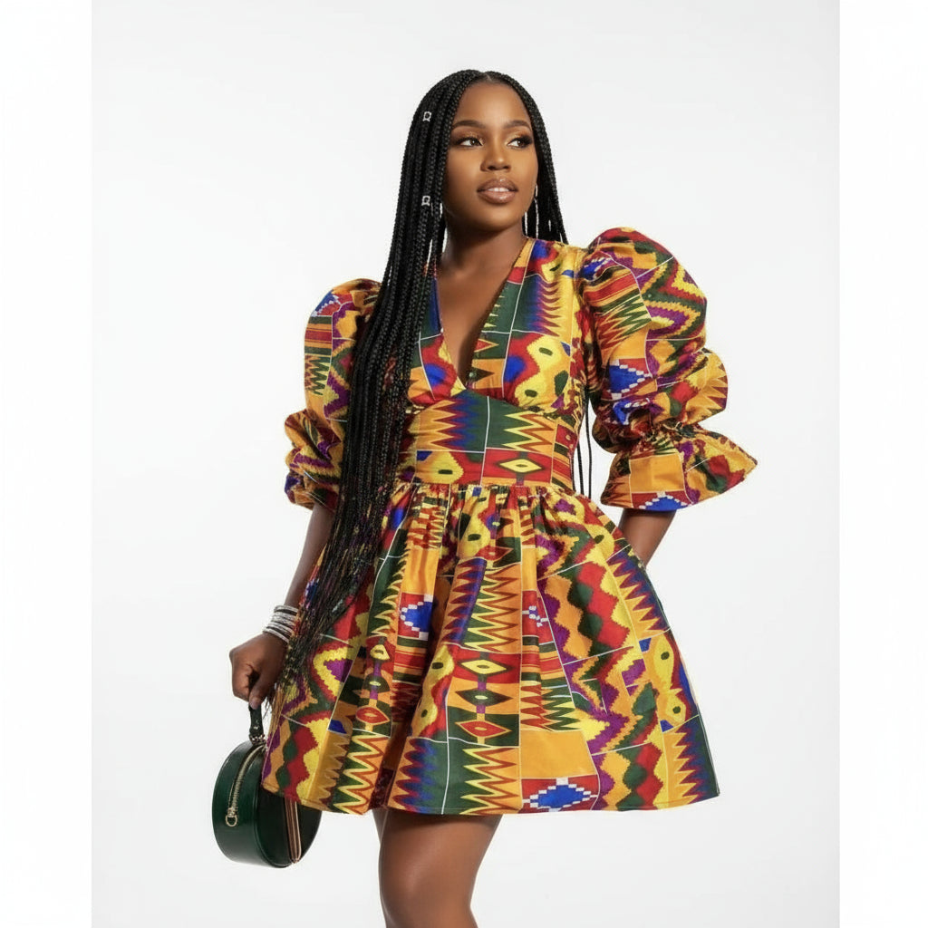 V-Neck Mini Ankara Dress
