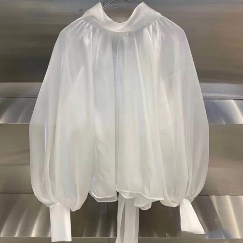 High-Neck Lantern Sleeve Shirt