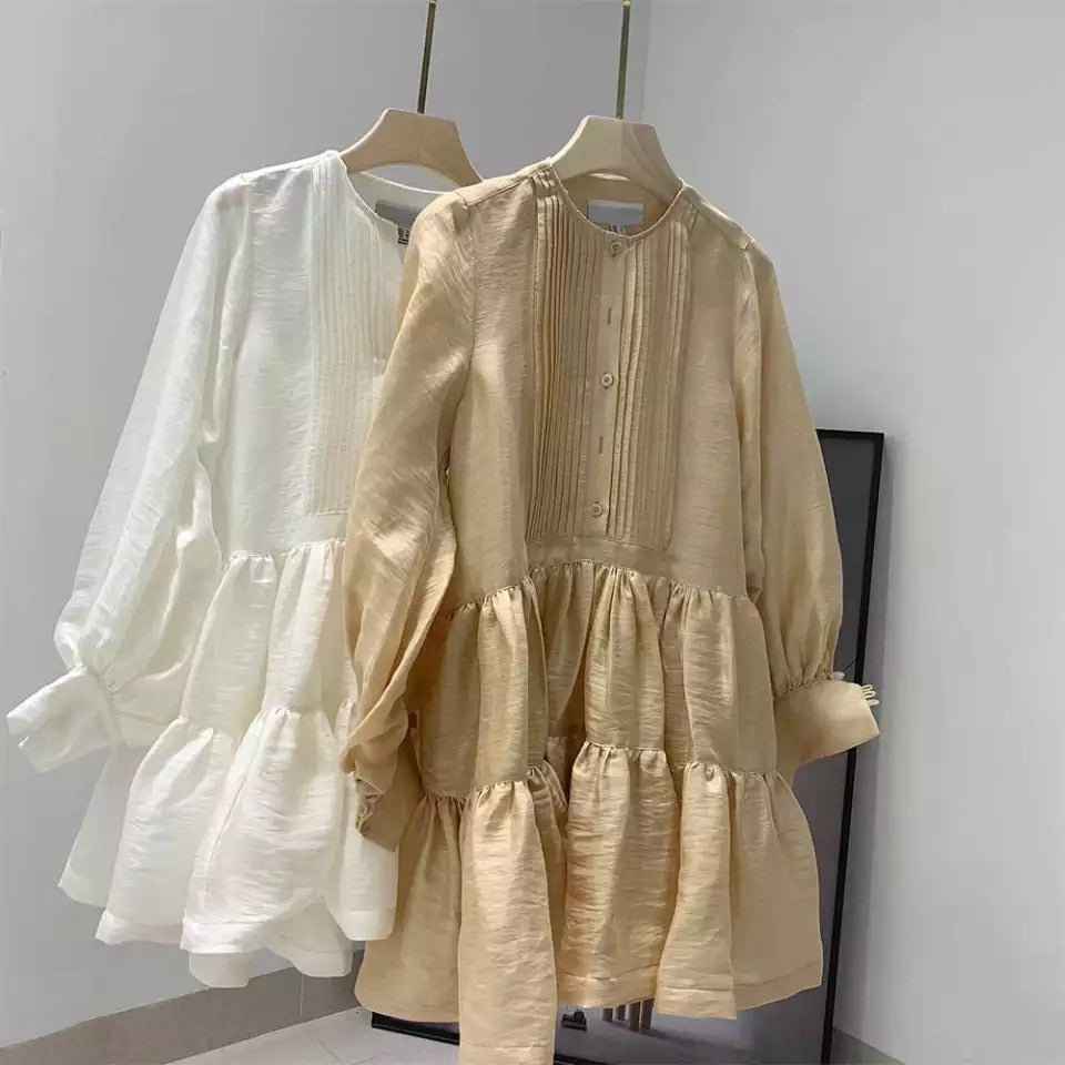 Long Sleeve Pleated Mini Dress