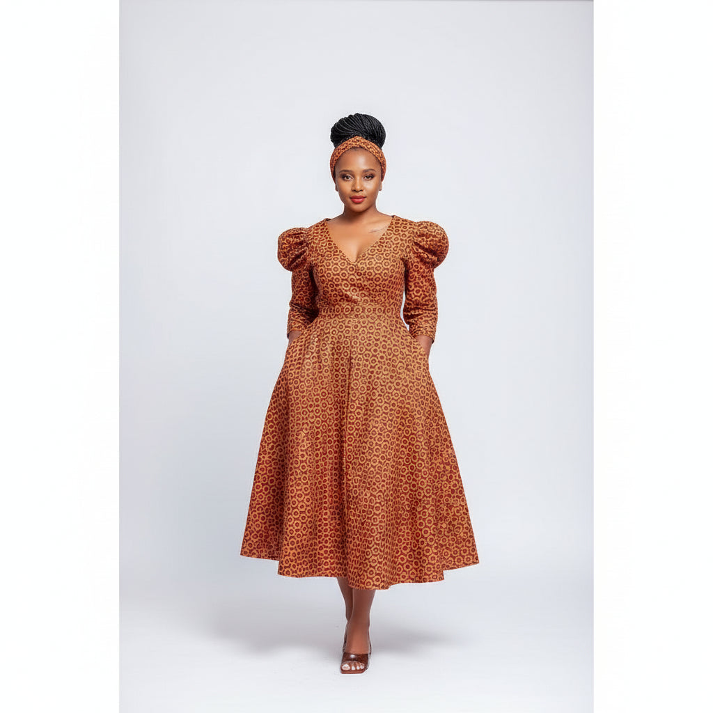 V-Neck Long Sleeve Ankara Dress