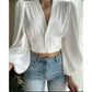 Button Front Puff Lantern Sleeve Top