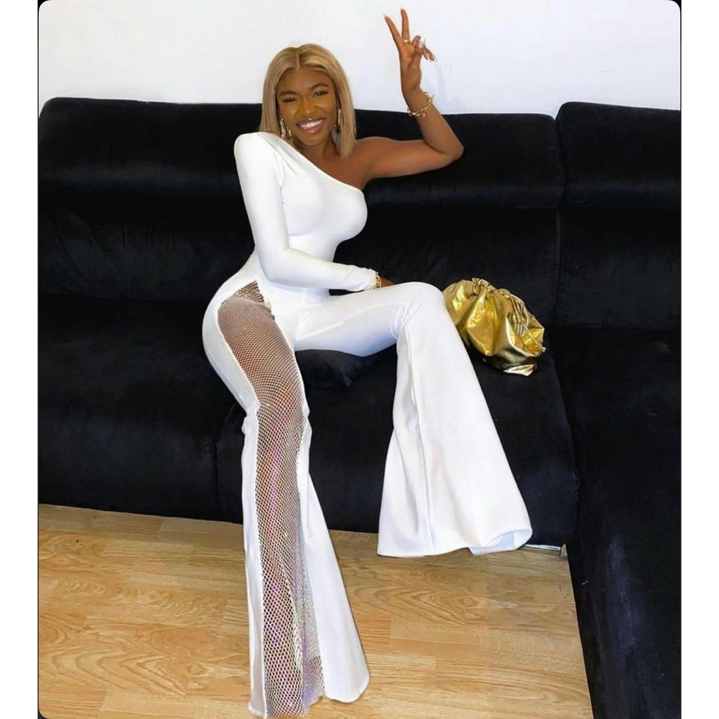 Rhinestone One Shoulder Flare Leg Skinny Jumpsuit