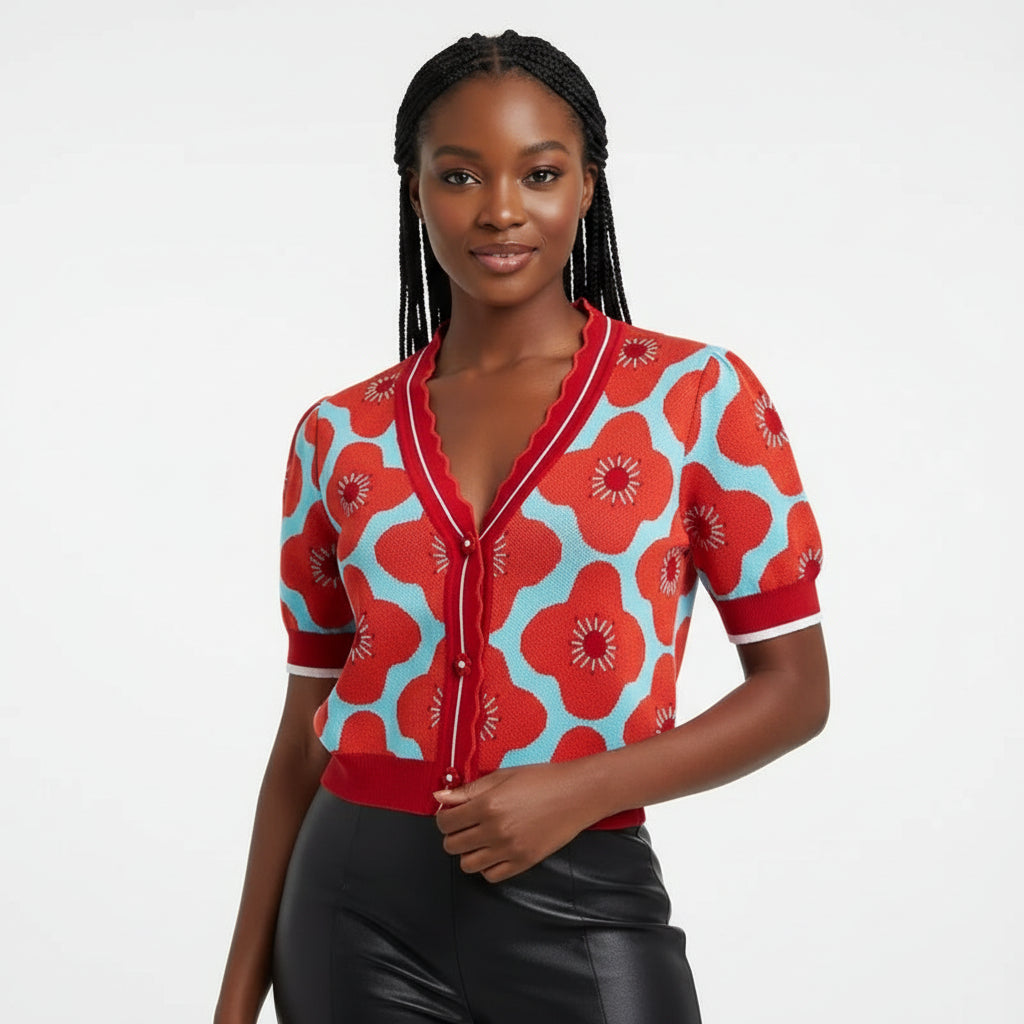 V-Neck Short Sleeve Buttoned Top