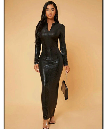 Women Croc PU Leather Bodycon Dress