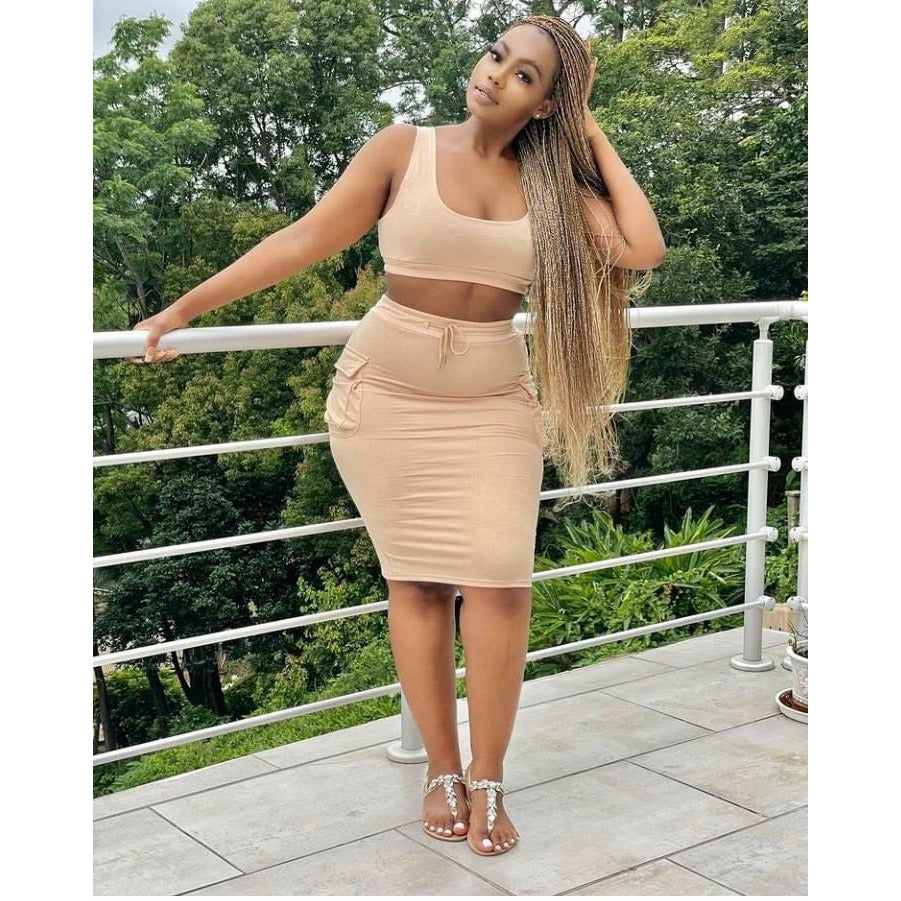 High Waisted Side Pocket Skirt and crop Top Set