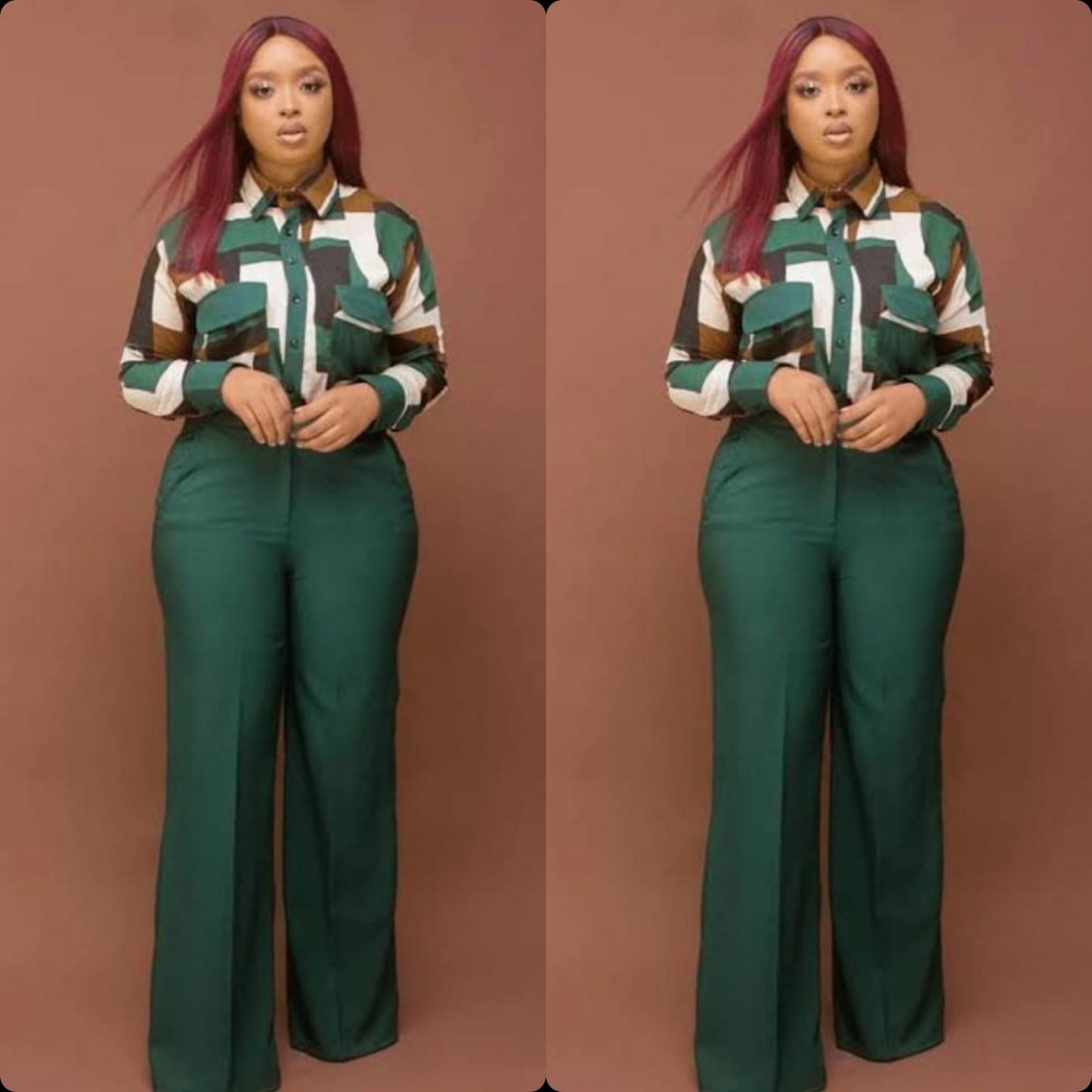 Wide-leg High waisted Pants & Printed Shirt Set