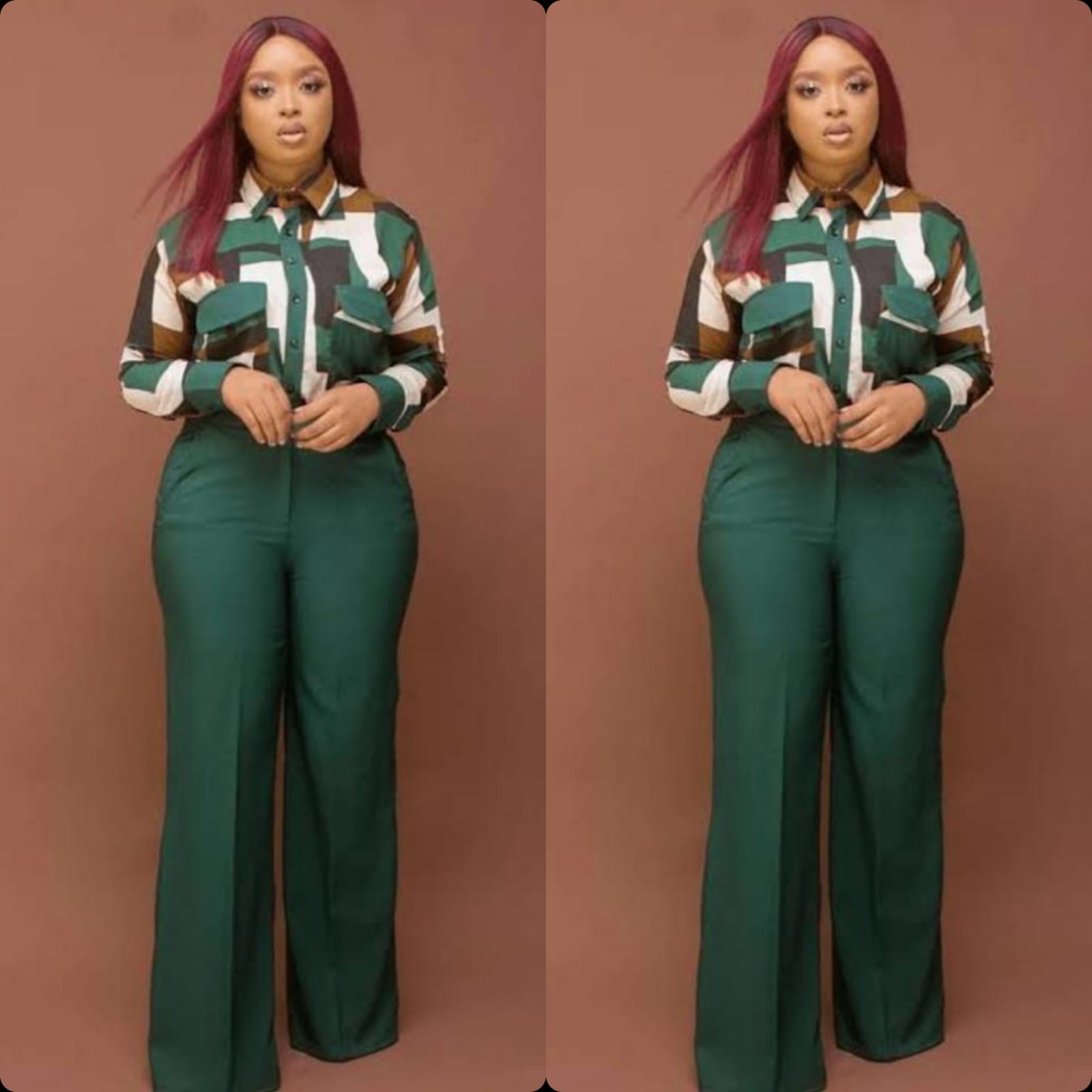 Wide-leg High waisted Pants & Printed Shirt Set