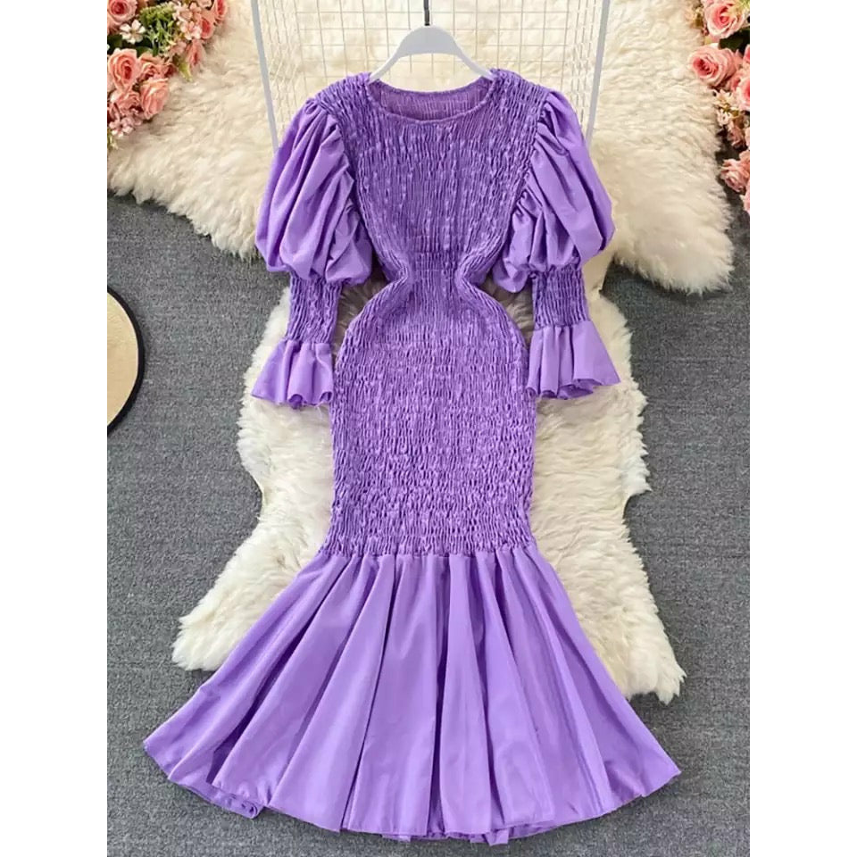 Round Neck Puff Sleeve Bodycon Dress