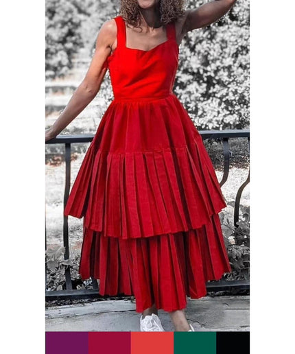 Pleated High Waist Solid Color Dress