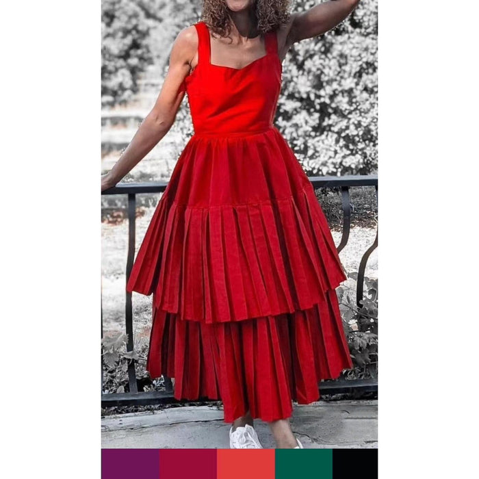 Pleated High Waist Solid Color Dress