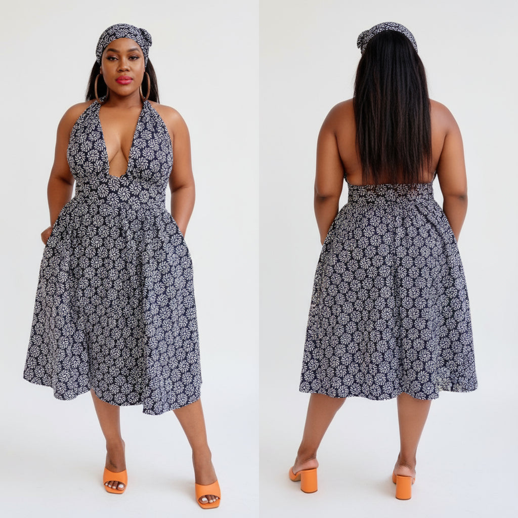 Deep V-Neck Backless Mini Ankara Dress