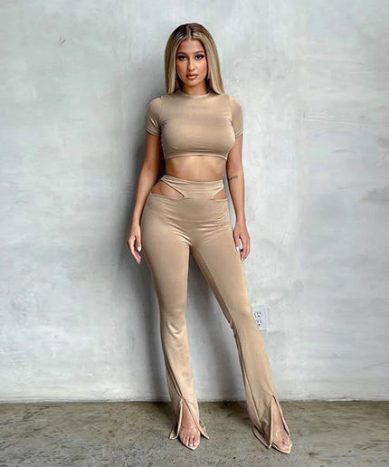 Hollow Out Ankle Side Split Trousers & Crop Top Set