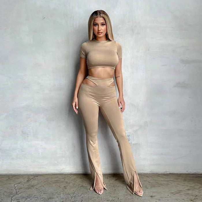 Hollow Out Ankle Side Split Trousers & Crop Top Set