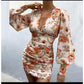 V Neck Floral Print Long Lantern Sleeve Ruched Dres