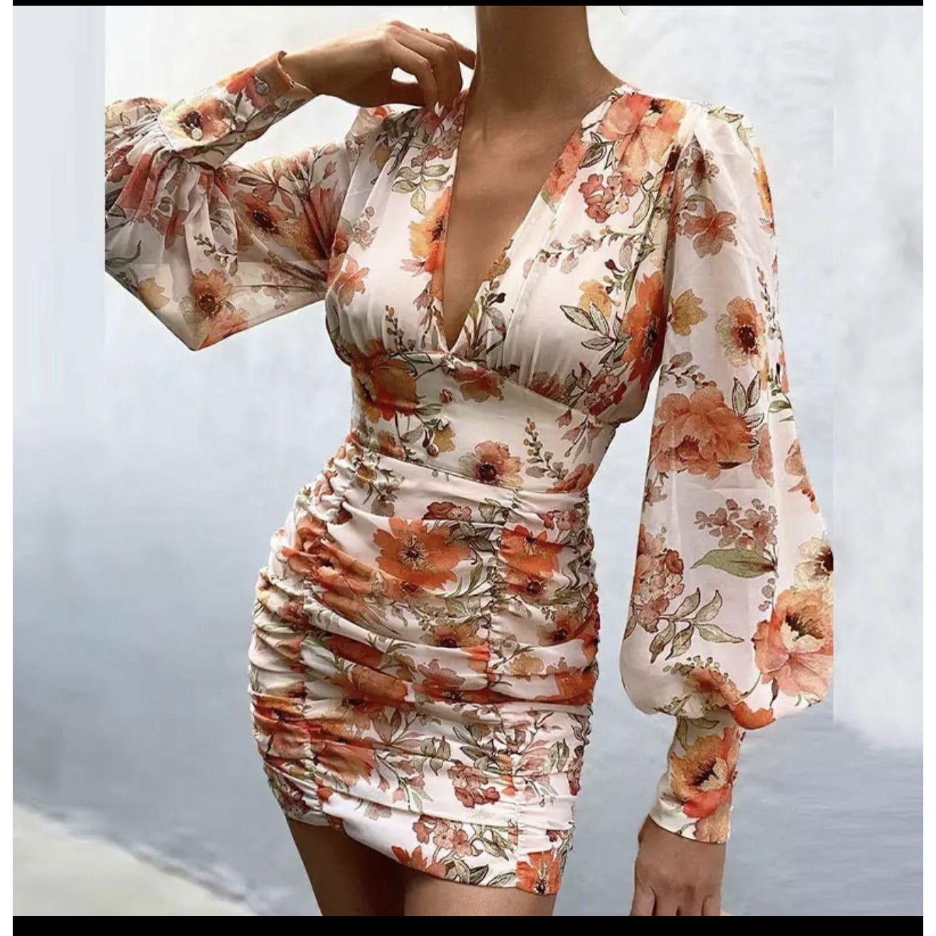 V Neck Floral Print Long Lantern Sleeve Ruched Dres