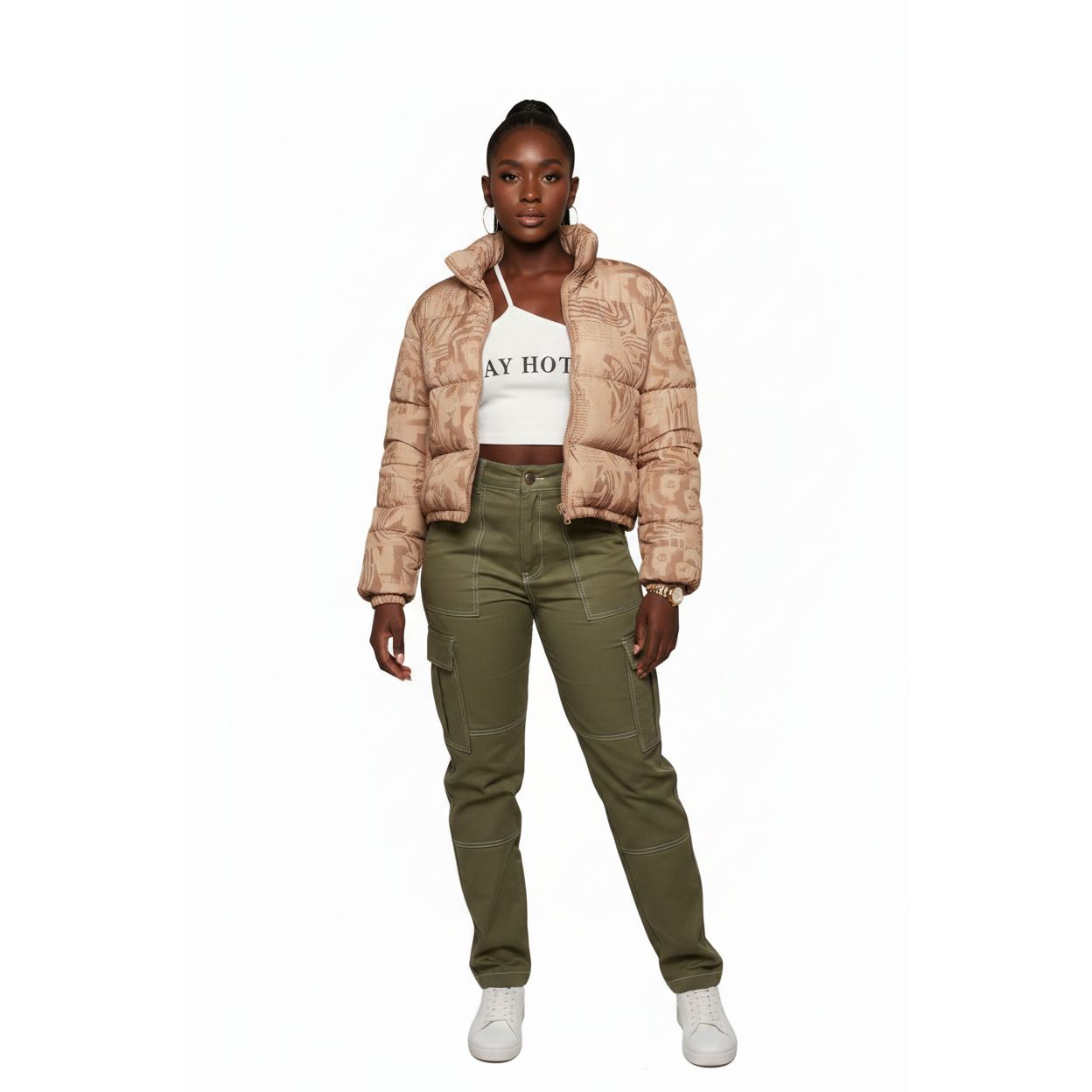 Dollar Print Zip Up Puffer Coat