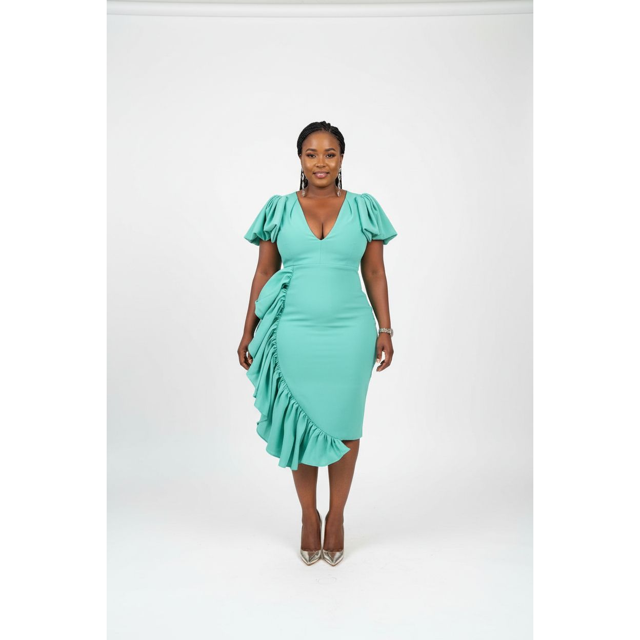 Petal Sleeve V Neck Ruffles Bodycon Midi Dress
