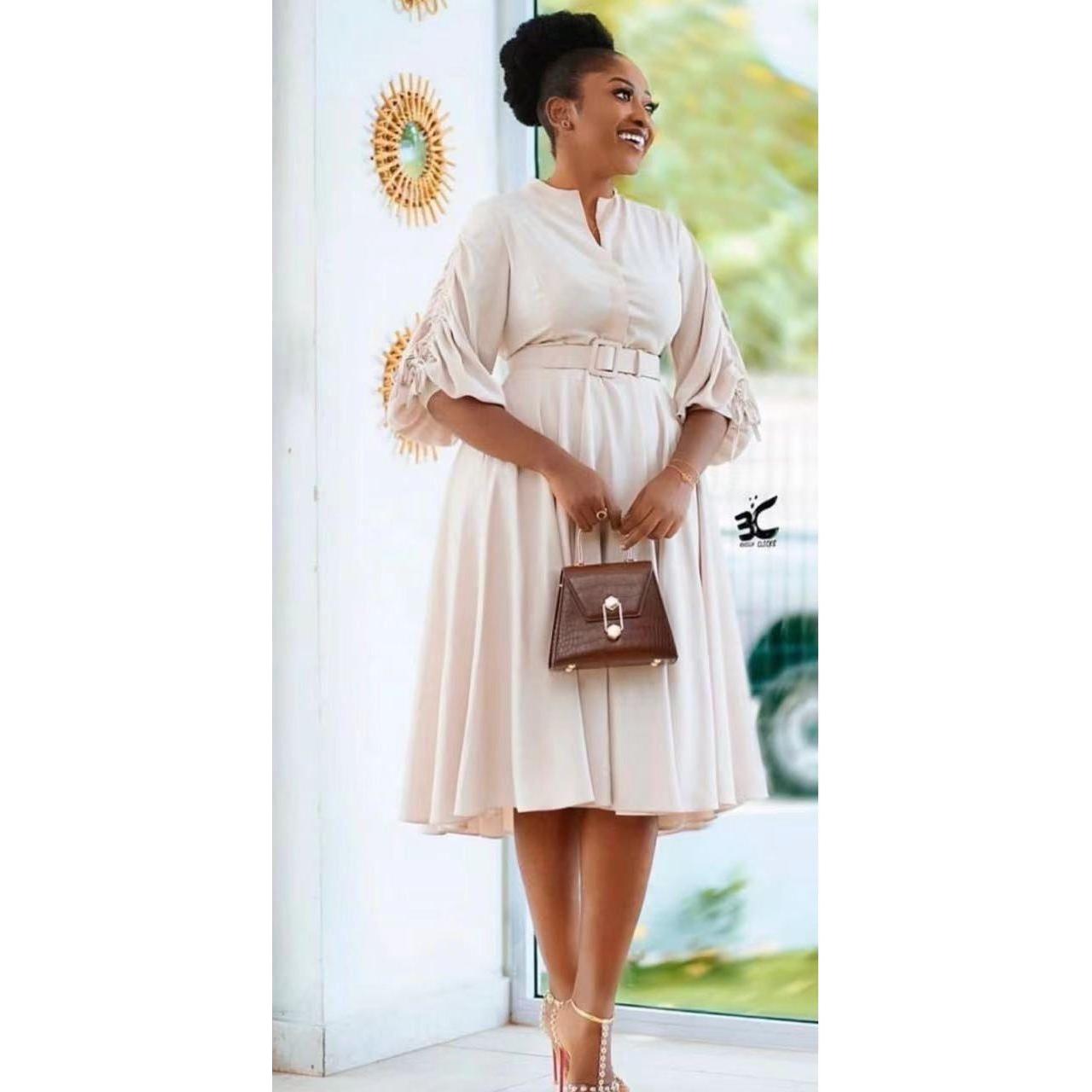 V-Neck Belted Midi Dress