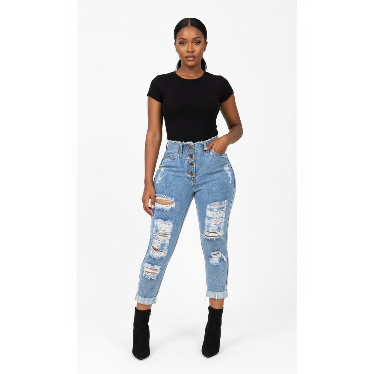 High Waist Ripped Skinny Hole Jeans
