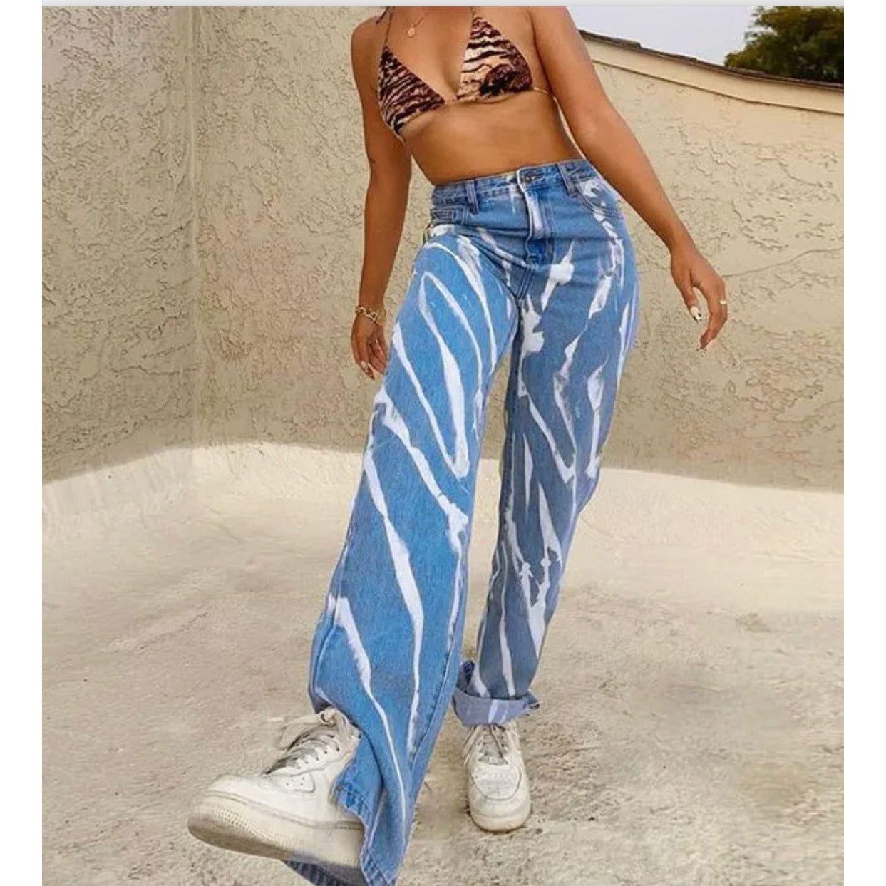 Rockmore Striped Print Bottom Split Jeans