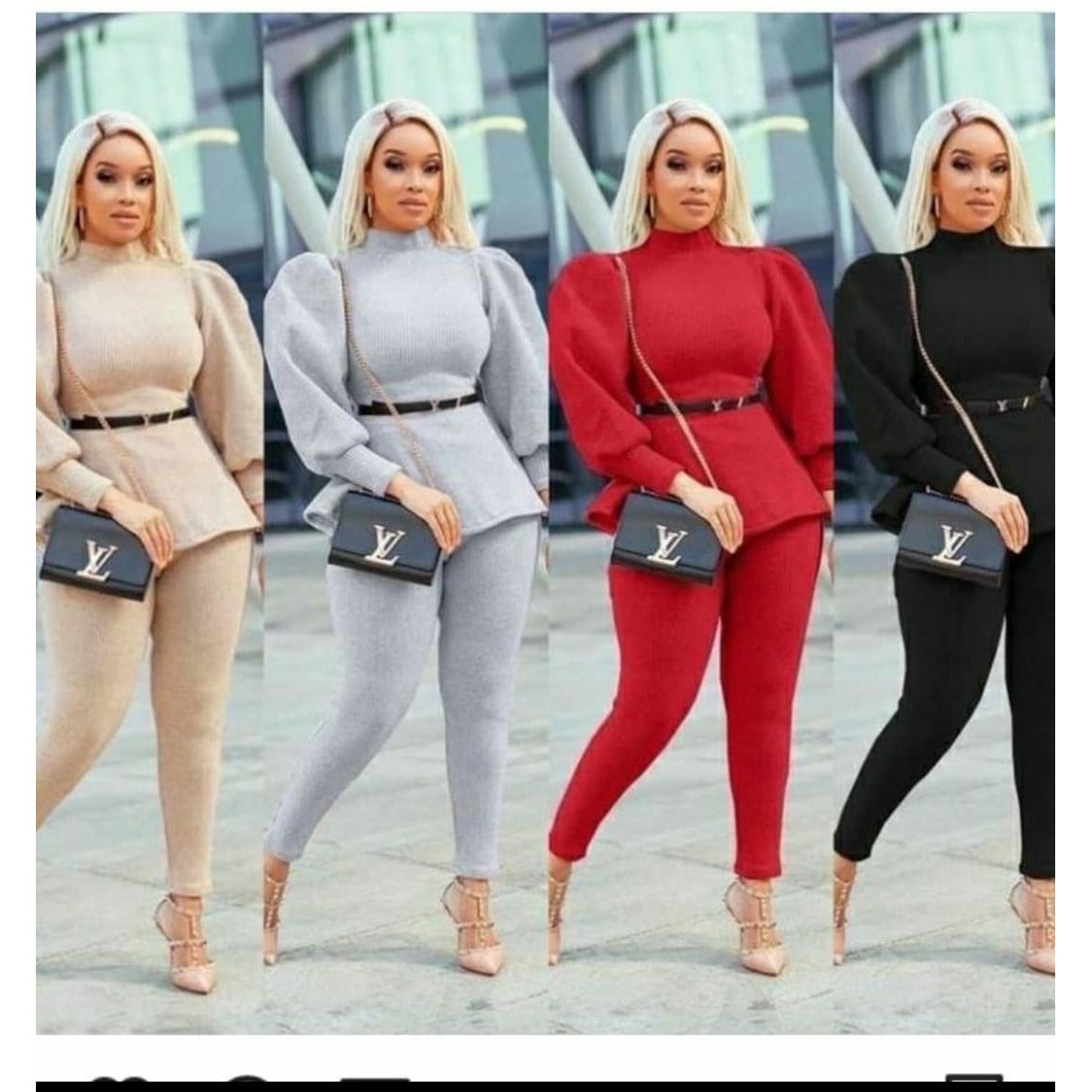 Lantern Sleeve Waist Belt Ruffles Chic Sets