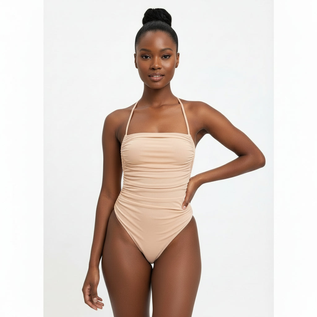 Sleeveless Chic Mesh Ruched Halter Bodysuit