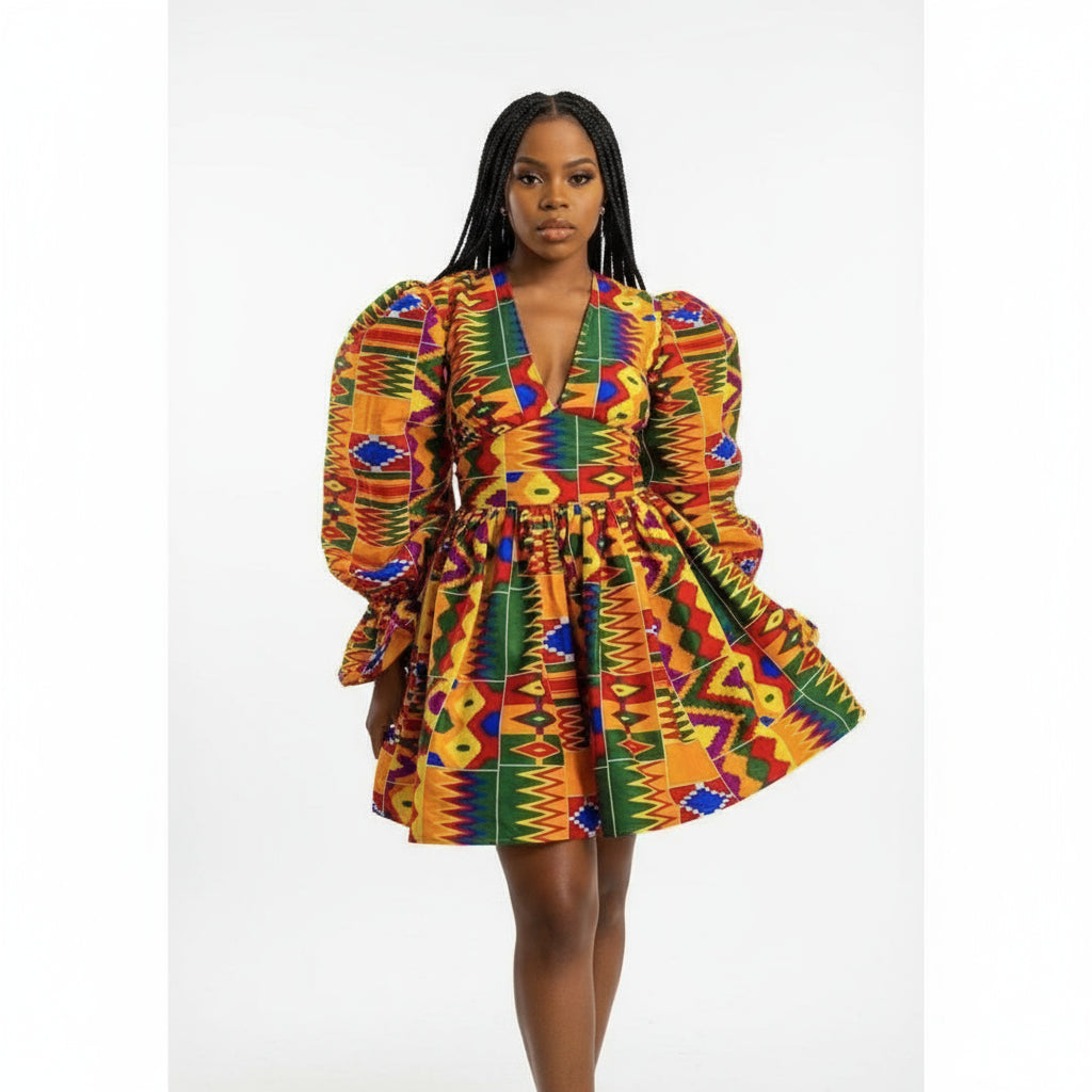 V-Neck Mini Ankara Dress