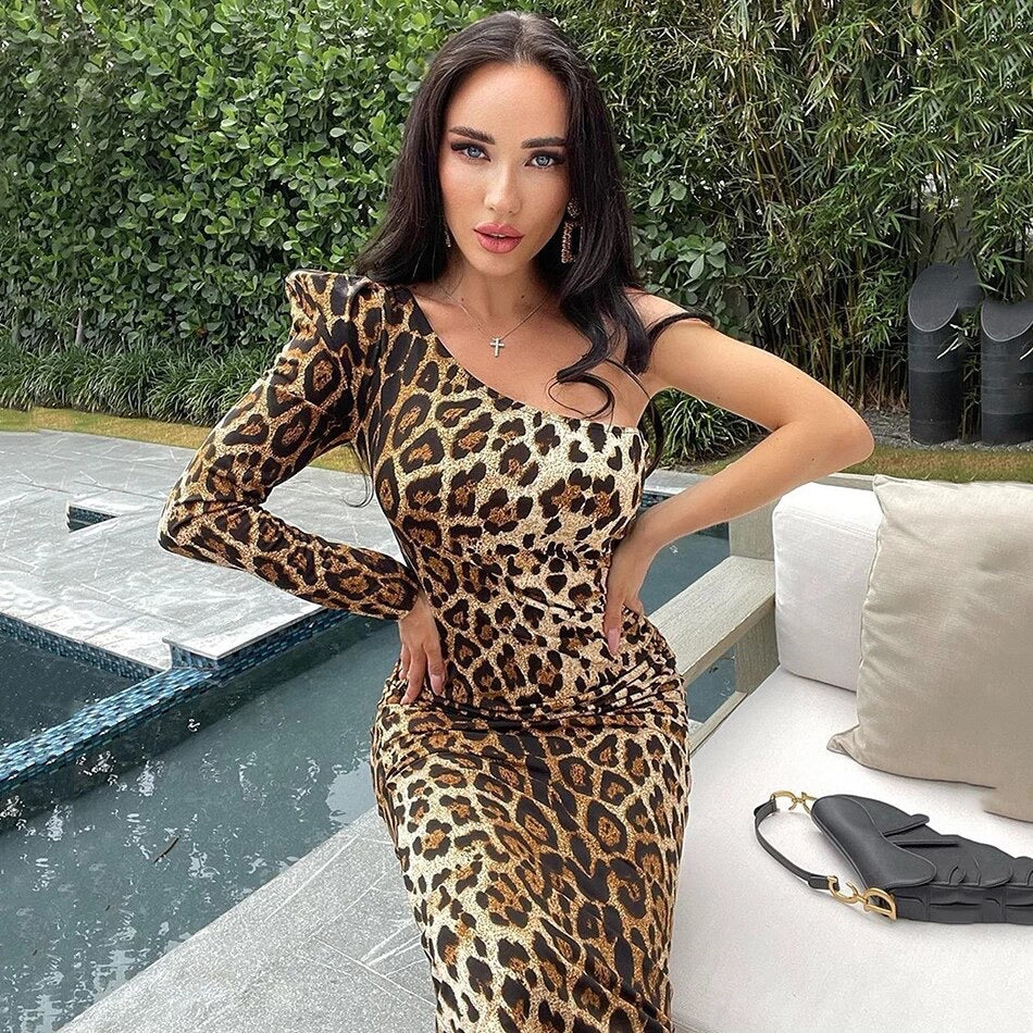 Leopard Print One-Shoulder Sexy Dress