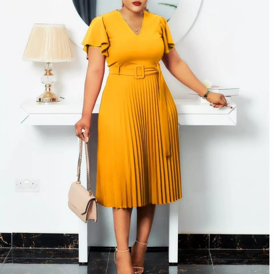 V Neck Flares Sleeve Belted Pleated Dress