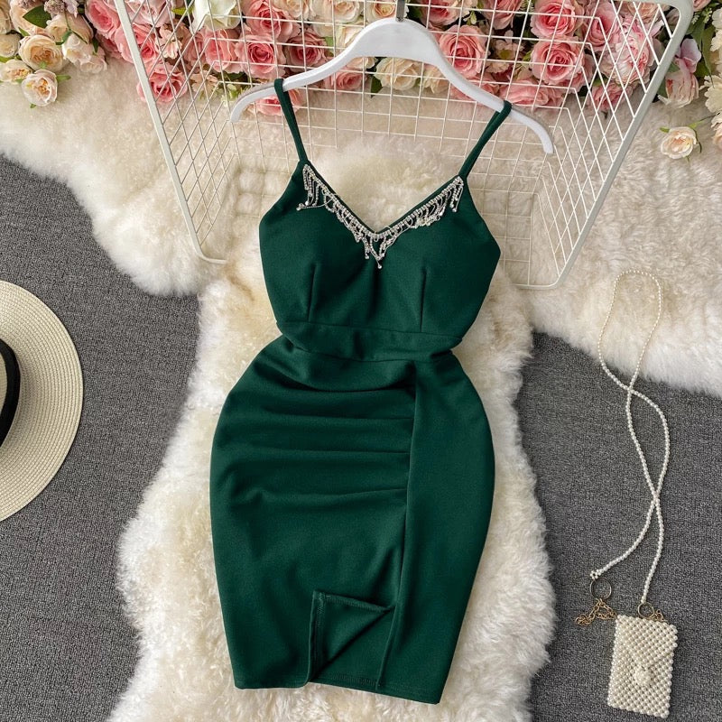 V-Neck Rhinestone Tassels Mini Dress