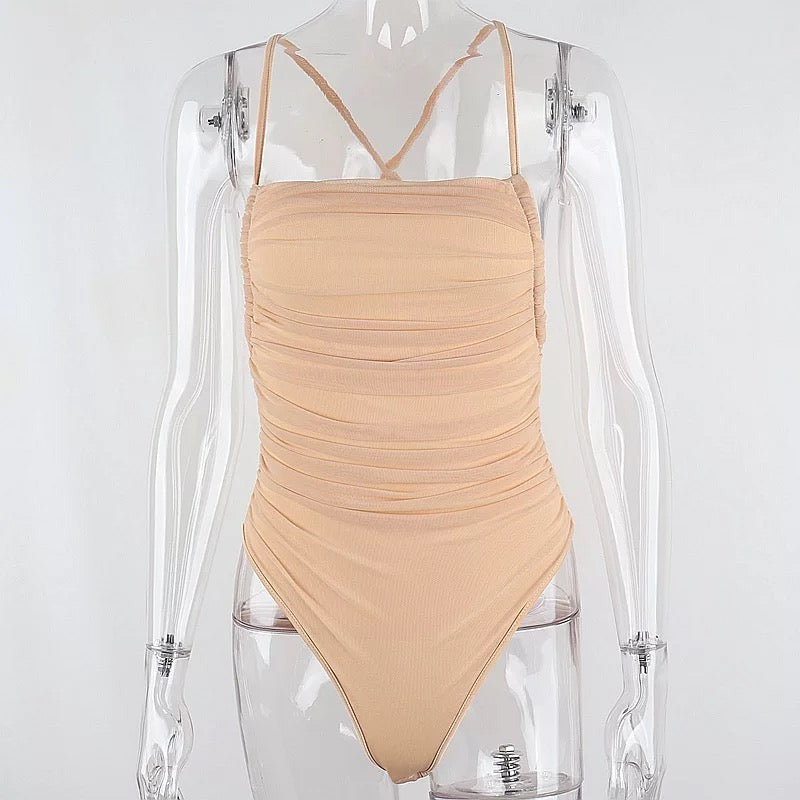 Sleeveless Chic Mesh Ruched Halter Bodysuit
