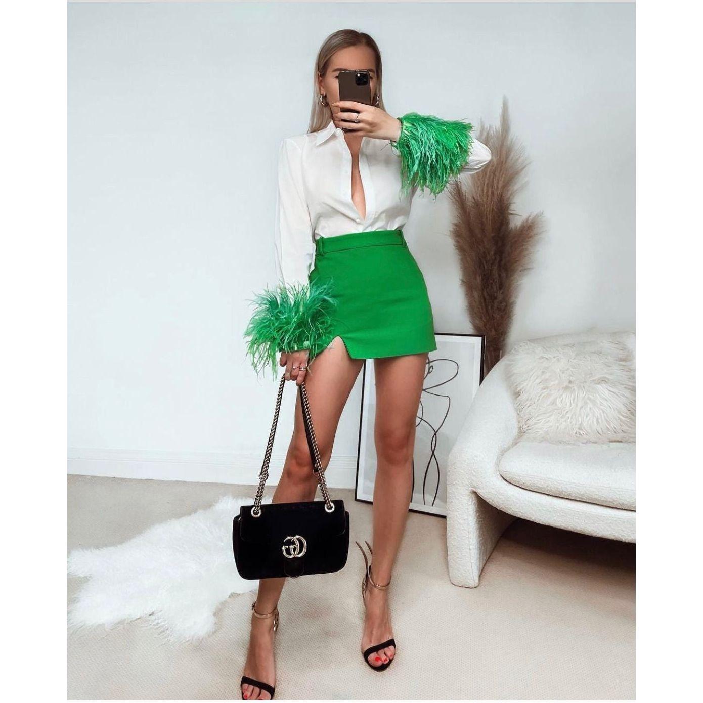 Feathers on the Cuffs Shirt and Mini Skirt Set