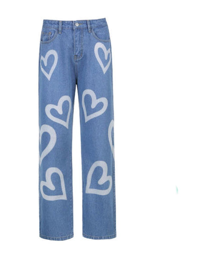 High Waisted Heart Print Wide Leg Jeans