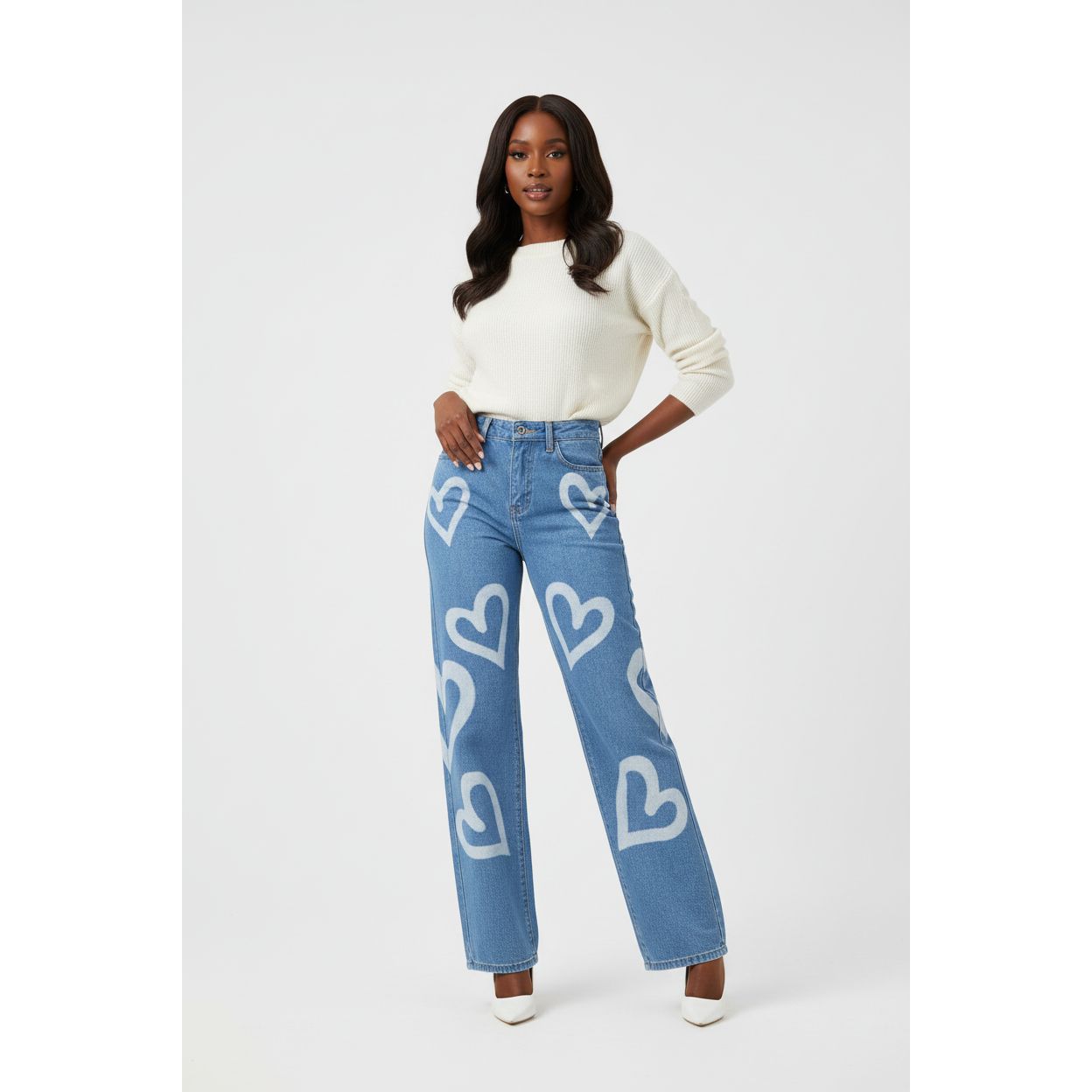 High Waisted Heart Print Wide Leg Jeans