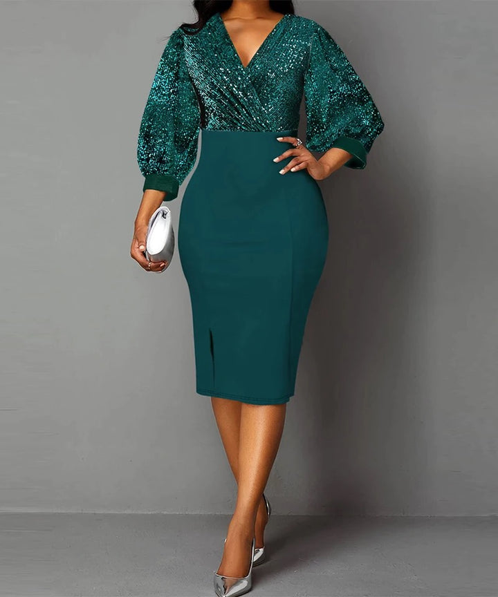 V-Neck Puff Sleeve Bodycon Dress