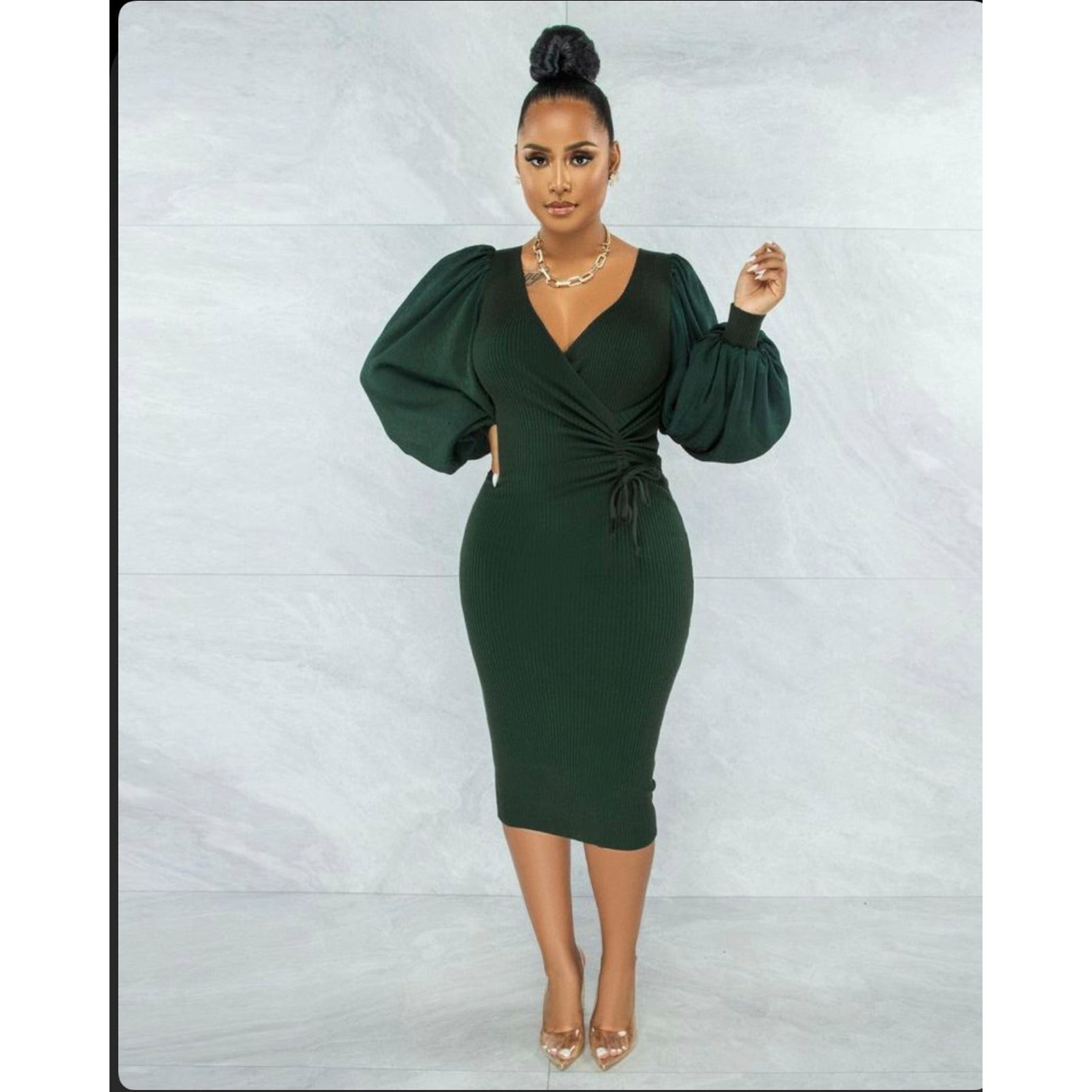 V-Neck Puff Sleeve Bodycon Dress – YELLOW SUB TRADING