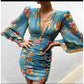 V Neck Floral Print Long Lantern Sleeve Ruched Dres