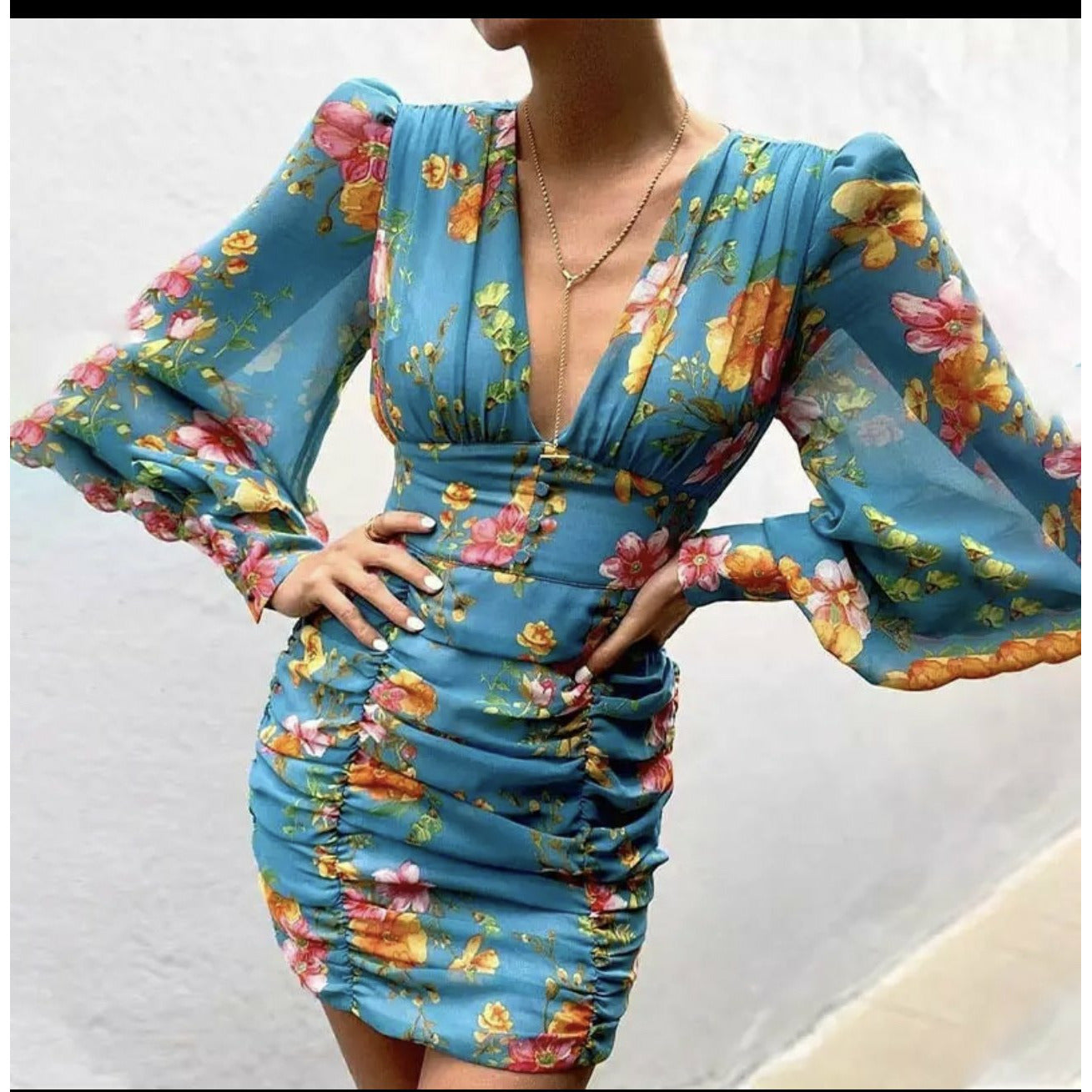 V Neck Floral Print Long Lantern Sleeve Ruched Dres